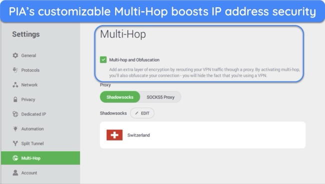 screenshot of PIA's Windows app, highlighting the Multi-Hop feature.
