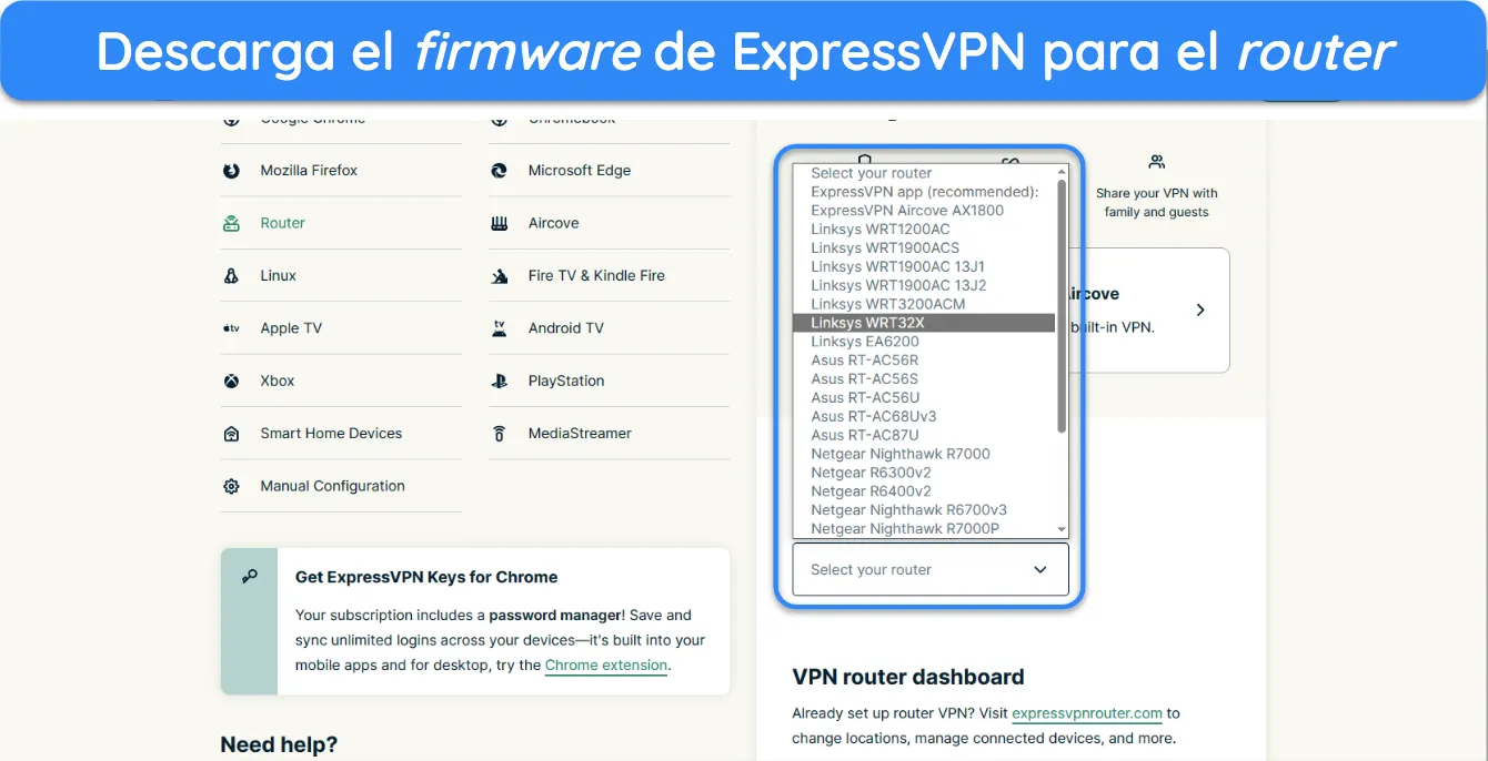Captura de pantalla de la lista de enrutadores compatibles de ExpressVPN y c&oacute;mo descargar el firmware del enrutador.