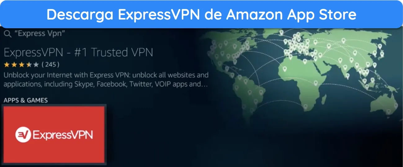 Captura de pantalla de c&oacute;mo descargar la aplicaci&oacute;n ExpressVPN desde Amazon App Store en un dispositivo Amazon Fire.