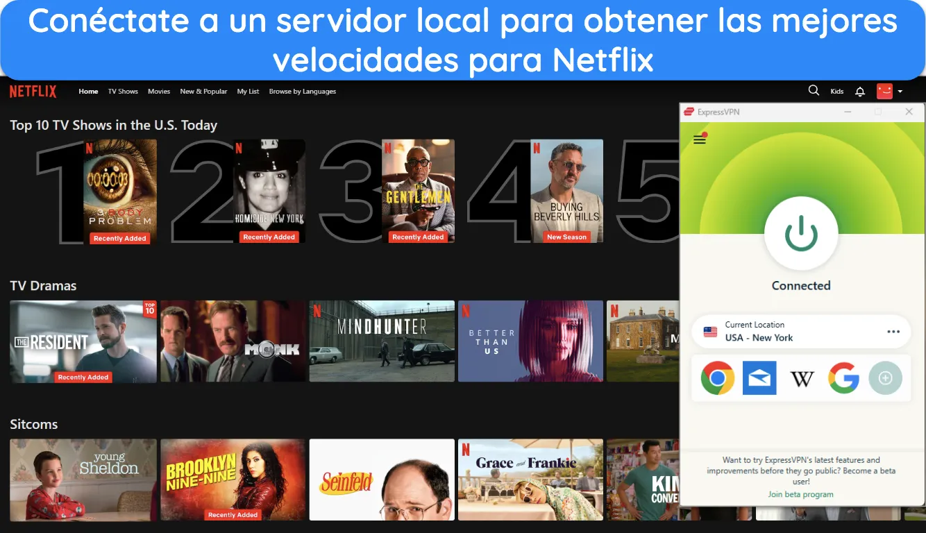 Imagen de contenido de Netflix US con ExpressVPN conectado a un servidor de EE. UU. en Nueva York.