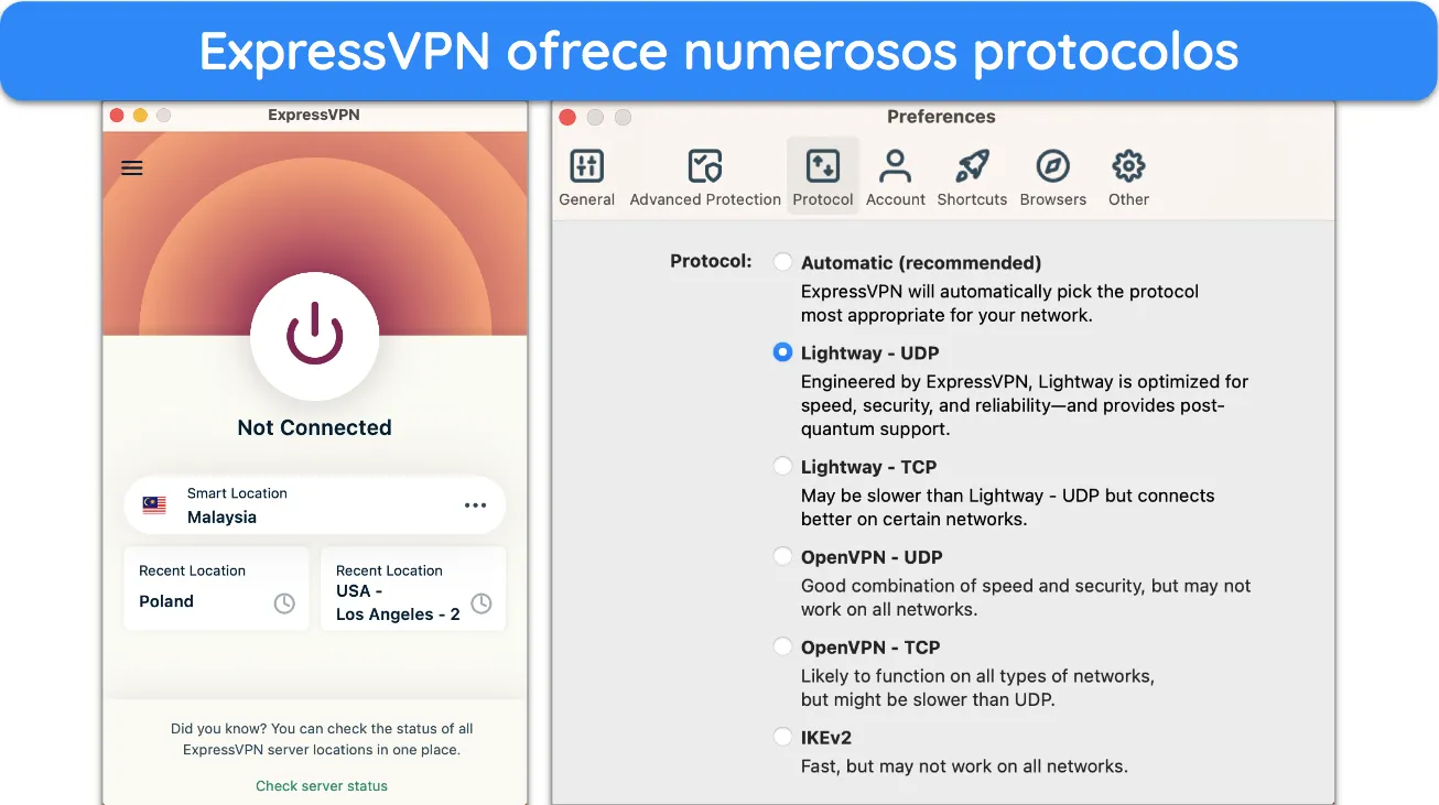 Captura de pantalla de la lista de protocolos de ExpressVPN.