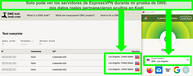 Captura de pantalla de ExpressVPN pasando una prueba de fugas de DNS mientras est&aacute; conectado a un servidor en Los &Aacute;ngeles.