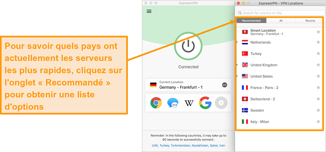 Capture d'&eacute;cran de l'application ExpressVPN montrant les serveurs recommand&eacute;s