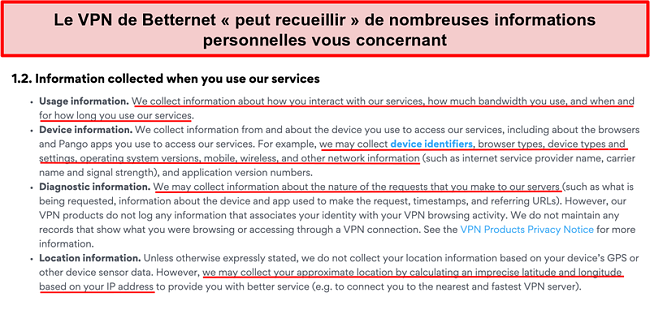 Capture d'&eacute;cran de la politique de confidentialit&eacute; de Betternet VPN