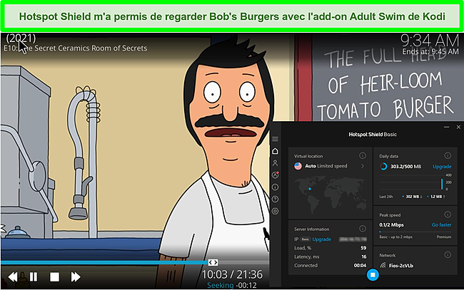 Capture d'&eacute;cran de Bob's Burgers jouant dans Kodi alors que Hotspot Shield est connect&eacute; &agrave; un serveur aux &Eacute;tats-Unis.