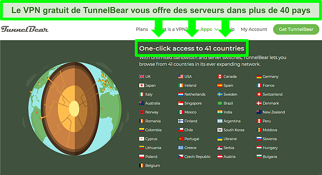 Capture d'&eacute;cran de la liste des serveurs du site Web de TunnelBear.
