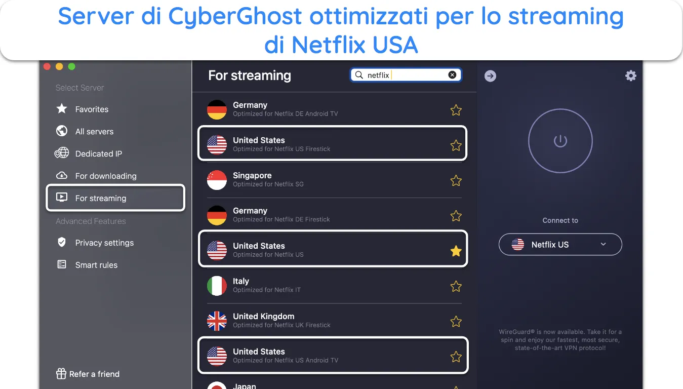 Screenshot dei server ottimizzati per lo streaming di CyberGhost per Netflix US.