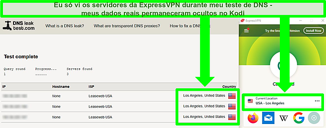Captura de tela do ExpressVPN passando em um teste de vazamento de DNS enquanto conectado a um servidor em Los Angeles.