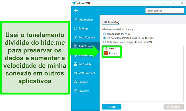 Captura de tela da tela de configura&ccedil;&otilde;es do Hide.me mostrando a guia Split Tunnel.