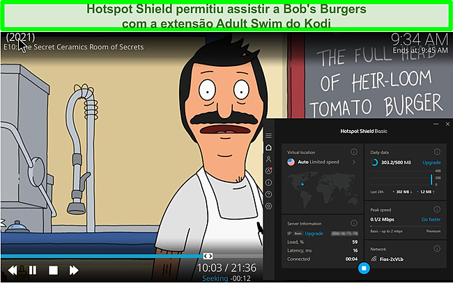 Captura de tela de Bob's Burgers jogando no Kodi enquanto o Hotspot Shield est&aacute; conectado a um servidor nos EUA.
