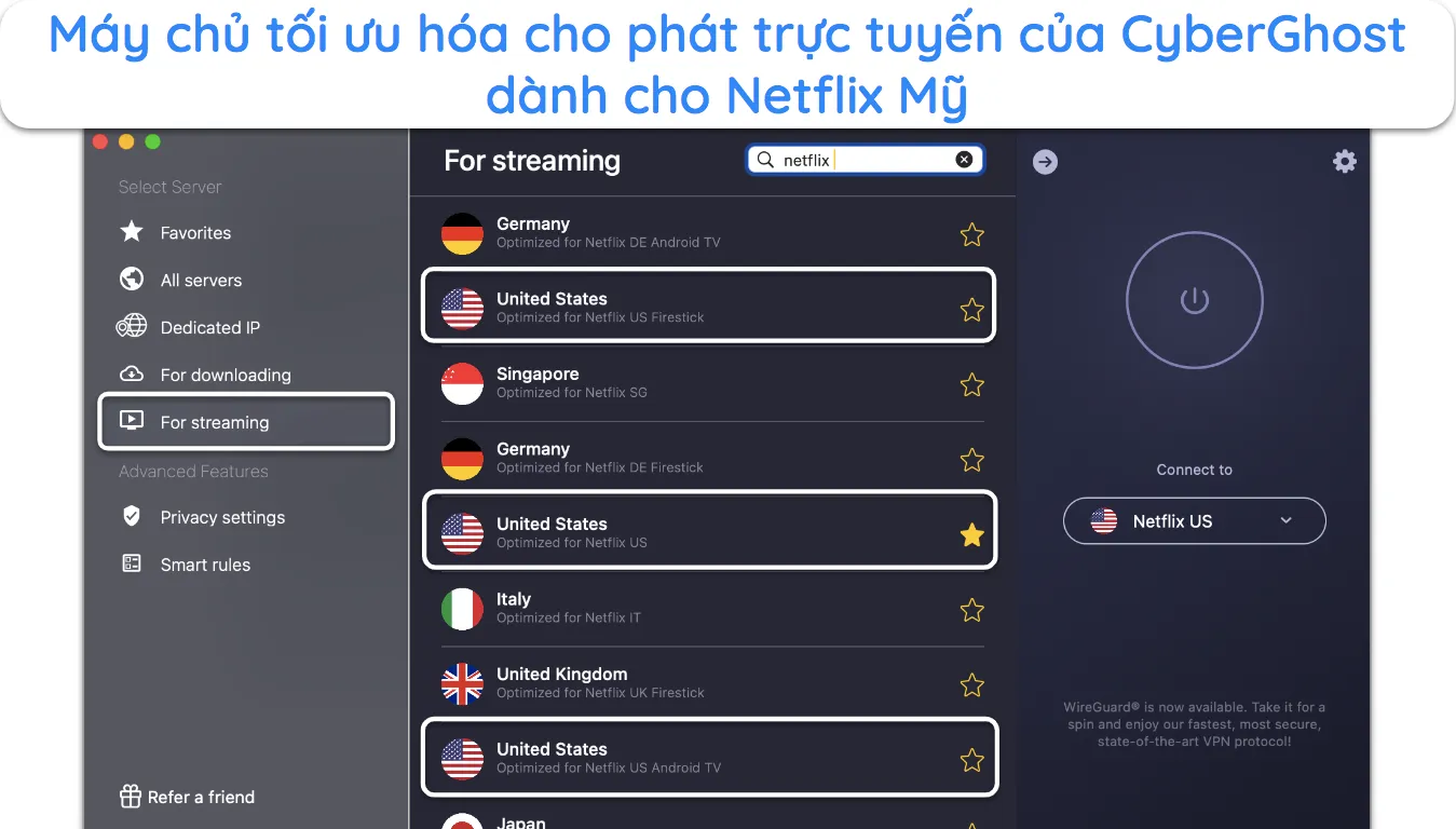 Ảnh chụp màn hình máy chủ được tối ưu hóa phát trực tuyến của CyberGhost dành cho Netflix US.