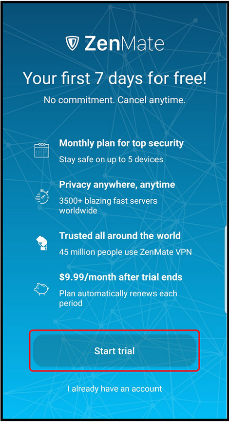 ZenMate VPN Android start trial
