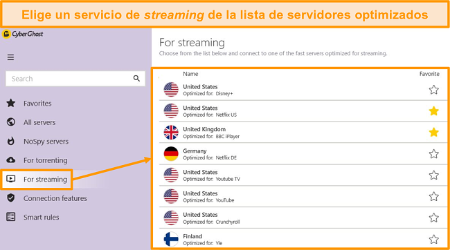 Captura de pantalla de los servidores de transmisi&oacute;n optimizados de CyberGhost en la aplicaci&oacute;n de Windows