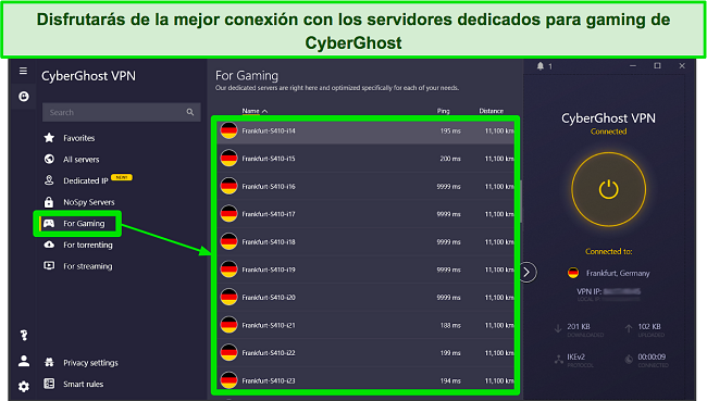 Captura de pantalla de los servidores optimizados para juegos de CyberGhost en la aplicaci&oacute;n de Windows
