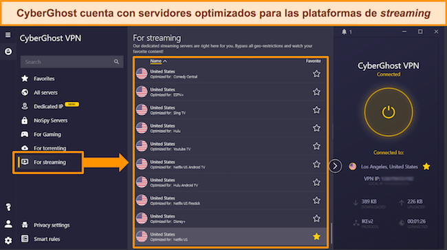 Captura de pantalla de la lista de CyberGhost de servidores optimizados para transmisi&oacute;n para plataformas populares