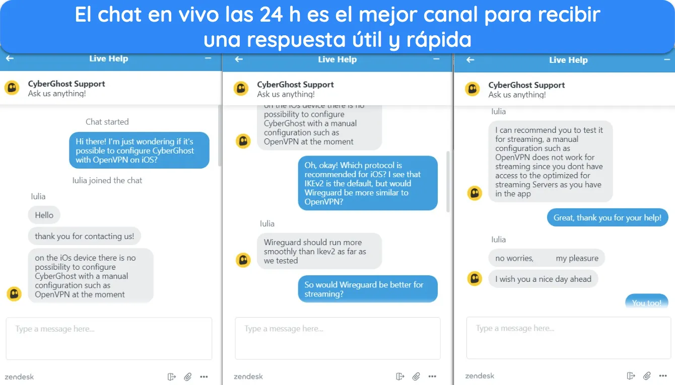 Capturas de pantalla del chat en vivo de CyberGhost, que muestra a un agente de atenci&oacute;n al cliente respondiendo una pregunta sobre OpenVPN en iOS.