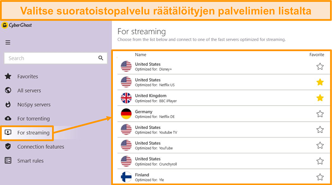 N&auml;ytt&ouml;kuva CyberGhostin optimoiduista suoratoistopalvelimista Windows-sovelluksessa