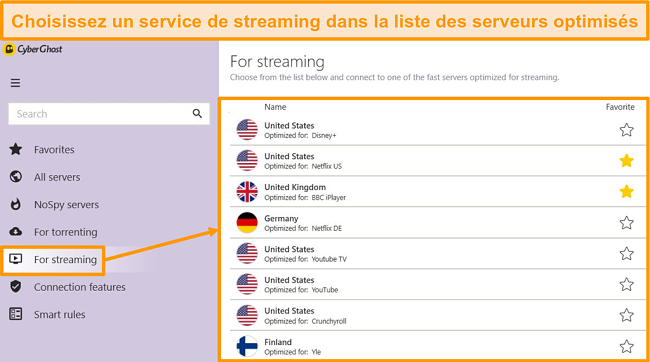 Capture d'&eacute;cran des serveurs de streaming optimis&eacute;s de CyberGhost sur l'application Windows