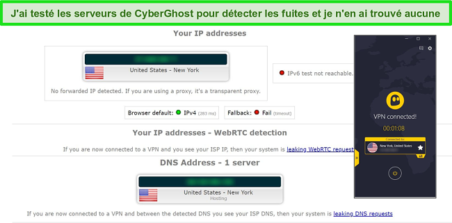 Capture d'&eacute;cran du r&eacute;sultat du test de fuite IP et DNS avec CyberGhost connect&eacute; &agrave; un serveur am&eacute;ricain