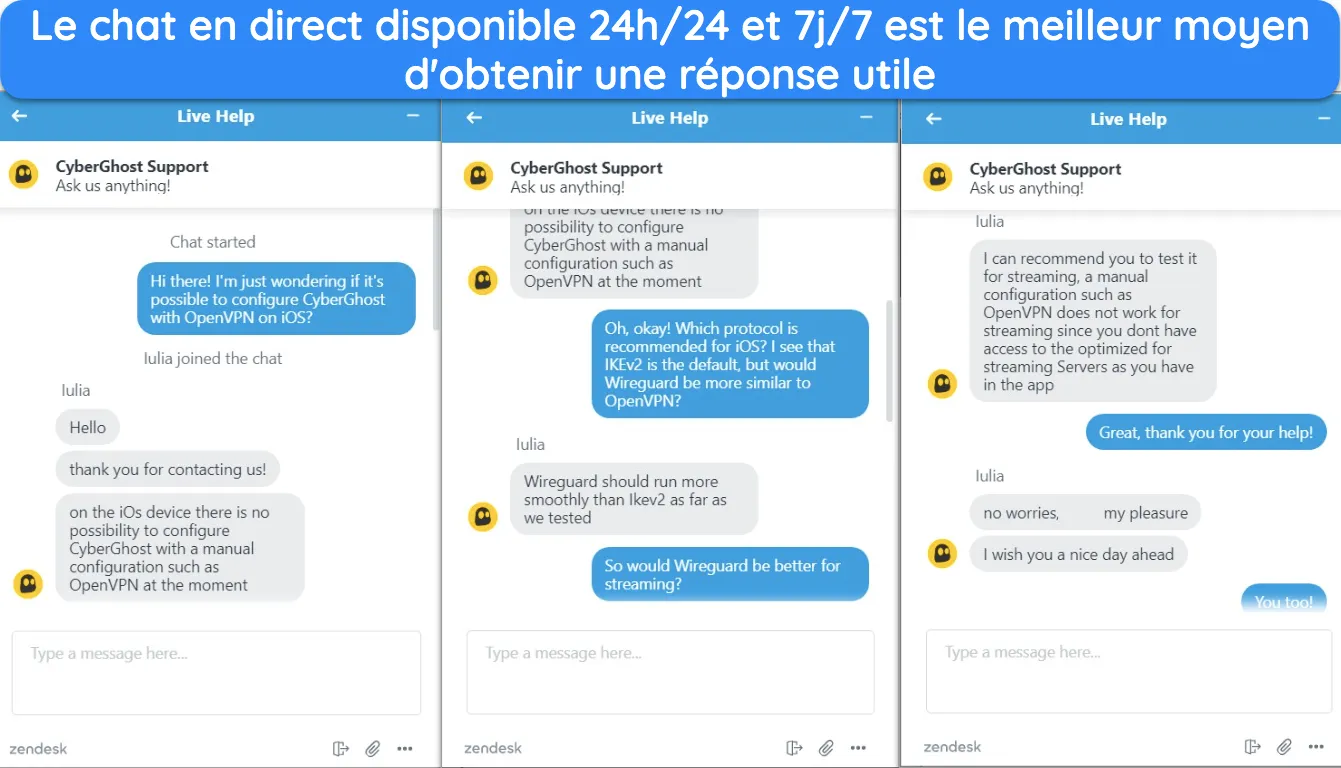 Captures d'&eacute;cran du chat en direct de CyberGhost, montrant un agent du support client r&eacute;pondant &agrave; une question sur OpenVPN sur iOS.