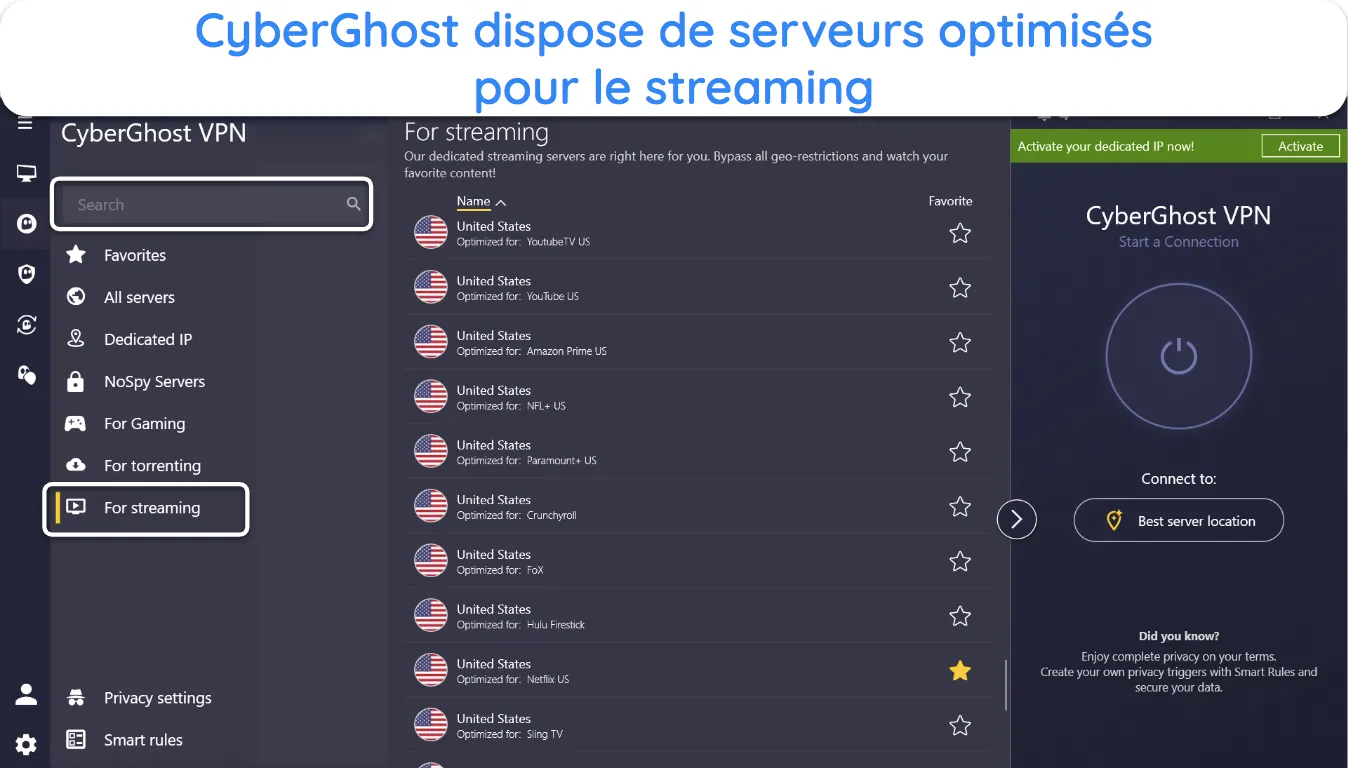 Capture d'&eacute;cran de la liste des serveurs optimis&eacute;s pour le streaming de CyberGhost pour les plateformes populaires.