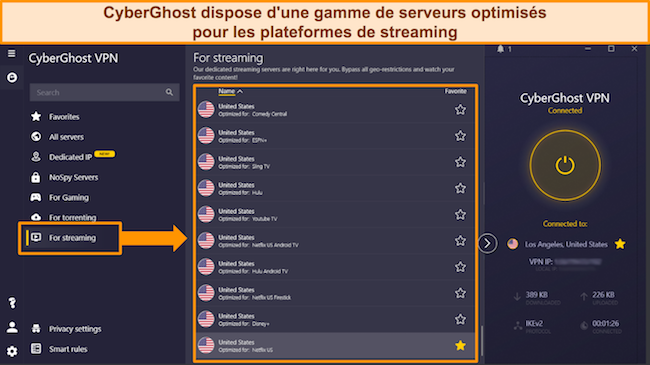 Capture d'&eacute;cran de la liste des serveurs optimis&eacute;s pour le streaming de CyberGhost pour les plates-formes populaires