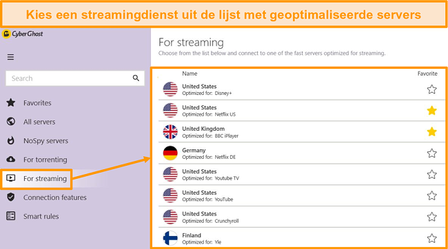 Screenshot van de geoptimaliseerde streamingservers van CyberGhost in de Windows-app