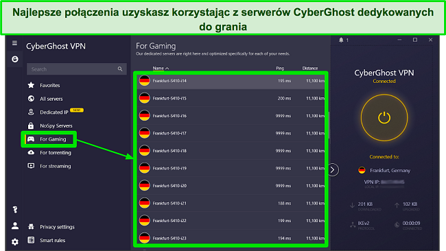 Zrzut ekranu serwer&oacute;w CyberGhost zoptymalizowanych pod kątem gier w aplikacji Windows