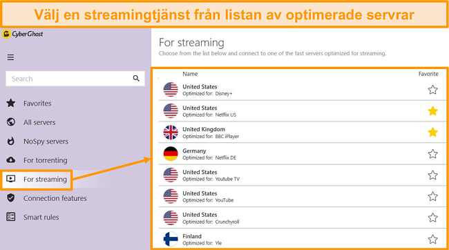 Sk&auml;rmdump av CyberGhosts optimerade streaming-servrar i Windows-appen