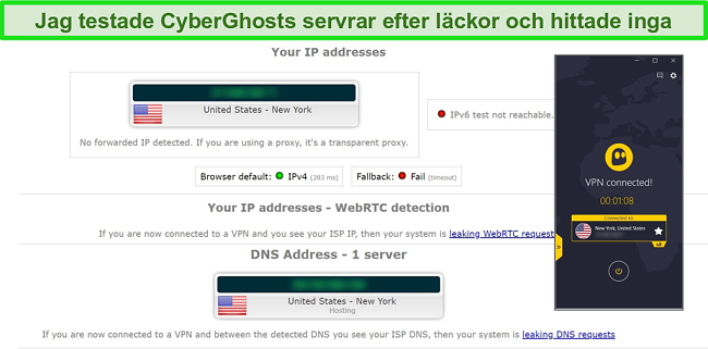 Sk&auml;rmdump av IP- och DNS-l&auml;ckagetestresultat med CyberGhost ansluten till en amerikansk server
