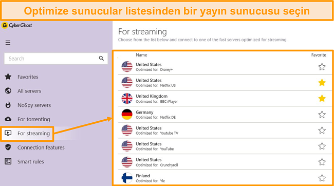 CyberGhost'un Windows uygulamasındaki optimize edilmiş akış sunucularının ekran g&ouml;r&uuml;nt&uuml;s&uuml;