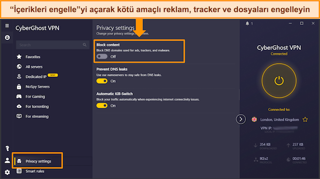 Windows uygulamasında CyberGhost'un İ&ccedil;erik Engelleme &Ouml;zelliğinin ekran g&ouml;r&uuml;nt&uuml;s&uuml;