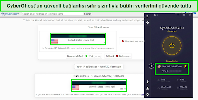 CyberGhost'ta sızıntı testi sonu&ccedil;larının ekran g&ouml;r&uuml;nt&uuml;s&uuml;
