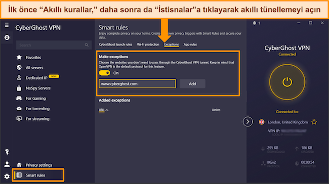 CyberGhost'un Windows uygulamasındaki b&ouml;l&uuml;nm&uuml;ş t&uuml;nel oluşturma &ouml;zelliğinin ekran g&ouml;r&uuml;nt&uuml;s&uuml;