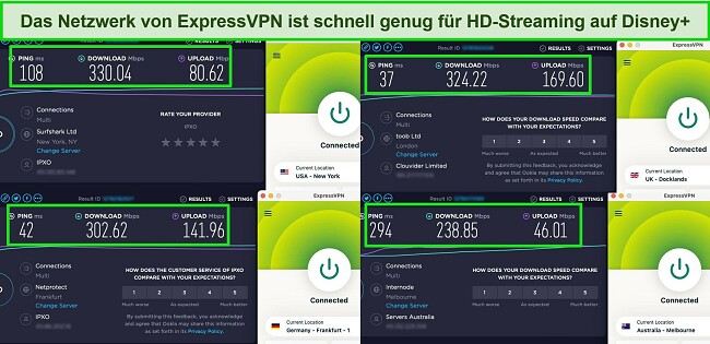 Screenshots der Ookla-Geschwindigkeitstestergebnisse mit ExpressVPN, das mit Servern in den USA, Gro&szlig;britannien, Deutschland und Australien verbunden ist.