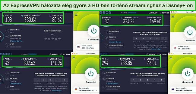 K&eacute;pernyők&eacute;pek az Ookla sebess&eacute;gteszt eredm&eacute;nyeiről az Egyes&uuml;lt &Aacute;llamokban, az Egyes&uuml;lt Kir&aacute;lys&aacute;gban, N&eacute;metorsz&aacute;gban &eacute;s Ausztr&aacute;li&aacute;ban l&eacute;vő kiszolg&aacute;l&oacute;khoz csatlakoztatott ExpressVPN eset&eacute;n.