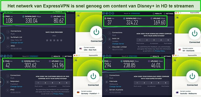 Screenshots van Ookla snelheidstestresultaten met ExpressVPN verbonden met servers in de VS, het VK, Duitsland en Australi&euml;.