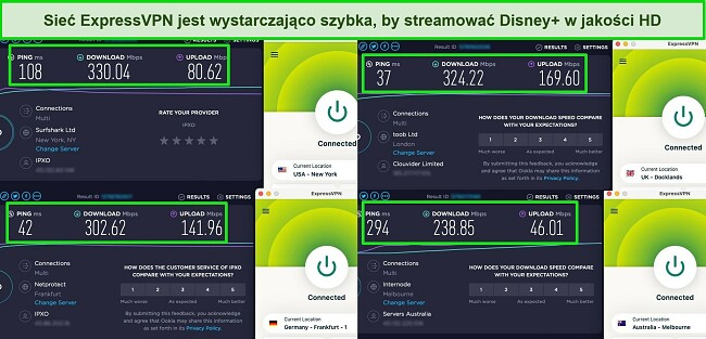 Zrzuty ekranu z wynikami testu prędkości Ookla z ExpressVPN podłączonym do serwer&oacute;w w USA, Wielkiej Brytanii, Niemczech i Australii.