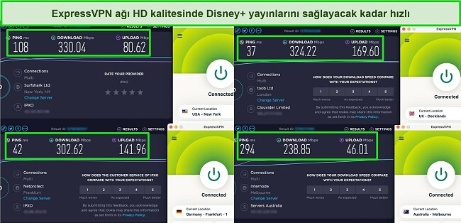 ABD, İngiltere, Almanya ve Avustralya'daki sunuculara bağlı ExpressVPN ile Ookla hız testi sonu&ccedil;larının ekran g&ouml;r&uuml;nt&uuml;leri.