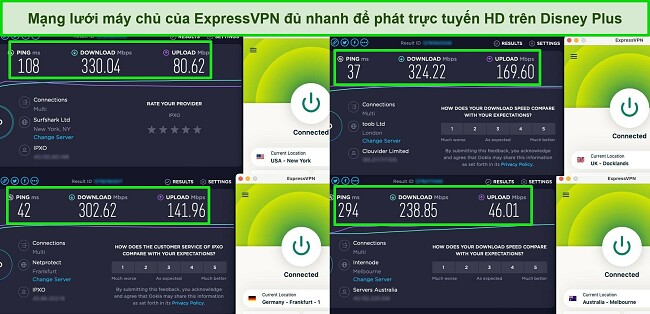 Ảnh chụp m&agrave;n h&igrave;nh kết quả kiểm tra tốc độ của Ookla với ExpressVPN được kết nối với m&aacute;y chủ ở Hoa Kỳ, Vương quốc Anh, Đức v&agrave; &Uacute;c.