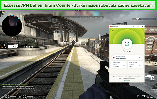 Screenshot Express VPN připojen&eacute;ho k americk&eacute;mu serveru, zat&iacute;mco uživatel hraje Counter Strike