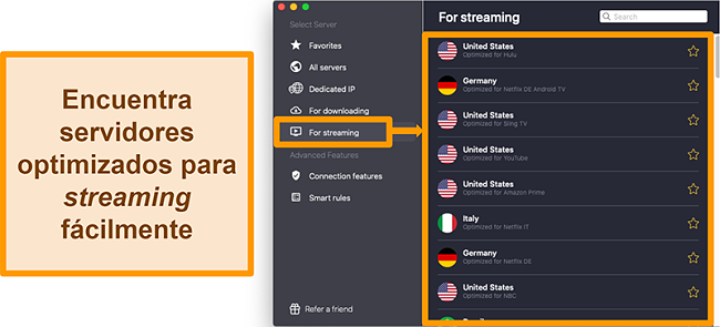 Captura de pantalla de los servidores optimizados de CyberGhost VPN que desbloquean plataformas de transmisi&oacute;n como Netflix, Sling TV y Amazon Prime