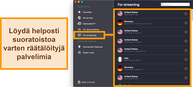 N&auml;ytt&ouml;kuva CyberGhost VPN: n optimoiduista palvelimista, jotka avaavat suoratoistoalustat, kuten Netflix, Sling TV ja Amazon Prime