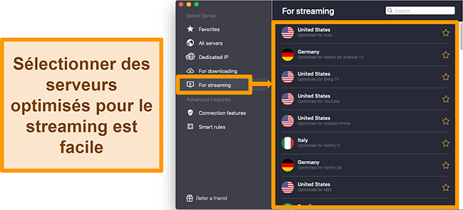 Capture d'&eacute;cran des serveurs optimis&eacute;s de CyberGhost VPN qui d&eacute;bloquent les plateformes de streaming comme Netflix, Sling TV et Amazon Prime