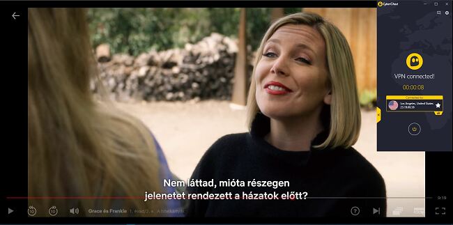 Az Egyes&uuml;lt &Aacute;llamok szerver&eacute;hez csatlakoztatott CyberGhost k&eacute;pernyők&eacute;pe a "Grace and Frankie" streaming seg&iacute;ts&eacute;g&eacute;vel az amerikai Netflix-en