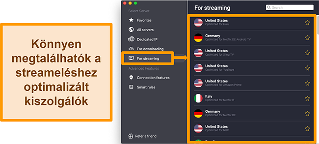 Pillanatk&eacute;p a CyberGhost VPN optimaliz&aacute;lt szervereiről, amelyek feloldj&aacute;k az olyan streaming platformok felold&aacute;s&aacute;t, mint a Netflix, a Sling TV &eacute;s az Amazon Prime