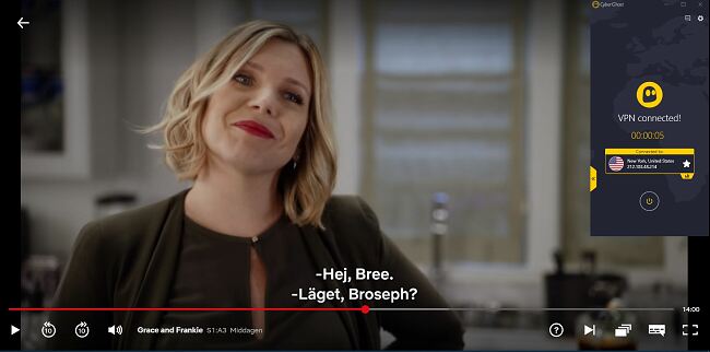 Sk&auml;rmdump av CyberGhost ansluten till amerikansk server med "Grace and Frankie" -str&ouml;mning p&aring; amerikanska Netflix