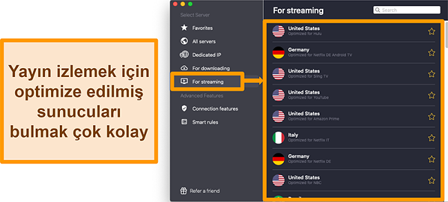 CyberGhost VPN'in Netflix, Sling TV ve Amazon Prime gibi akış platformlarının engelini kaldıran optimize edilmiş sunucularının ekran g&ouml;r&uuml;nt&uuml;s&uuml;