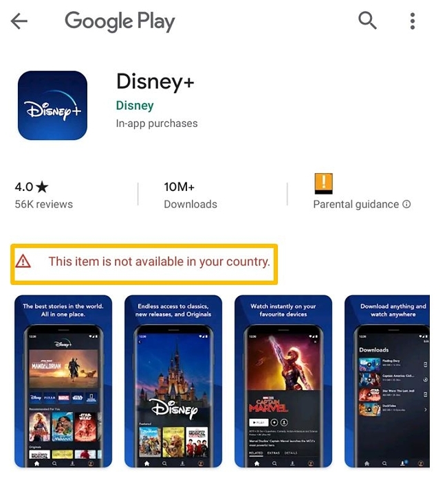 ディズニー+アプリのGoogle Playストアエラーメッセージ。米国に接続している場合や、米国のサーバーに接続していない限り、アプリをダウンロードすることはできません。