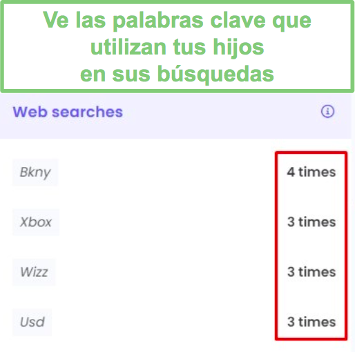 Historial de b&uacute;squeda de pistas de Qustodio